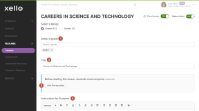 Custom lesson in educator account called Careers in Science and Technology. Three spots are highlighted: Select a Grade, Title, and Add Prerequisites